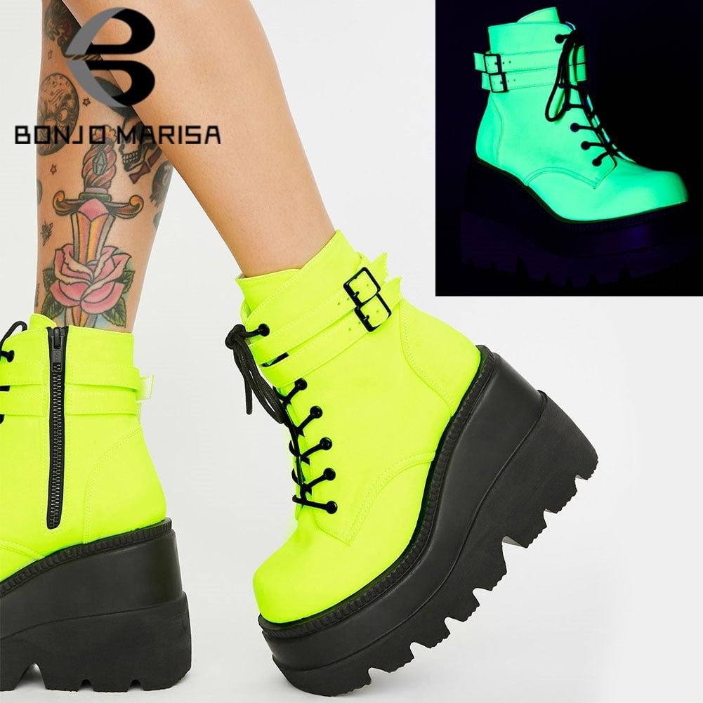 BONJOMARISA New Arrivals Brand Designer Platform Wedges Lace Up women's Boots Cool Street Punk Goth Fluorescent Treny Shoes Lady