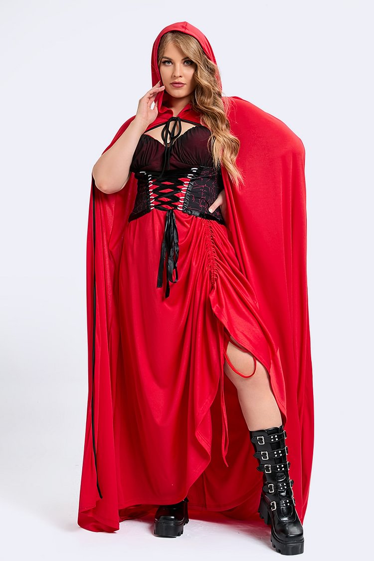 Flycurvy Plus Size Halloween Red Cloak Lace Up Maxi Dress (Only Cloak And Dress)  flycurvy [product_label]