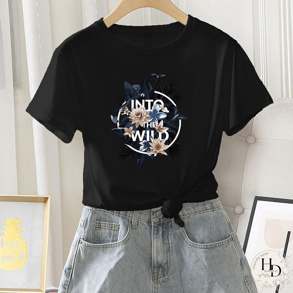Womens Fashion Short Sleeve Summer Casual Regular T-Shirt Letter Flower Print Ladies