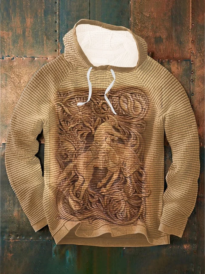 Men's Carving Laser Burn 3D Western Horse Print Waffle Hooded Sweatshirt