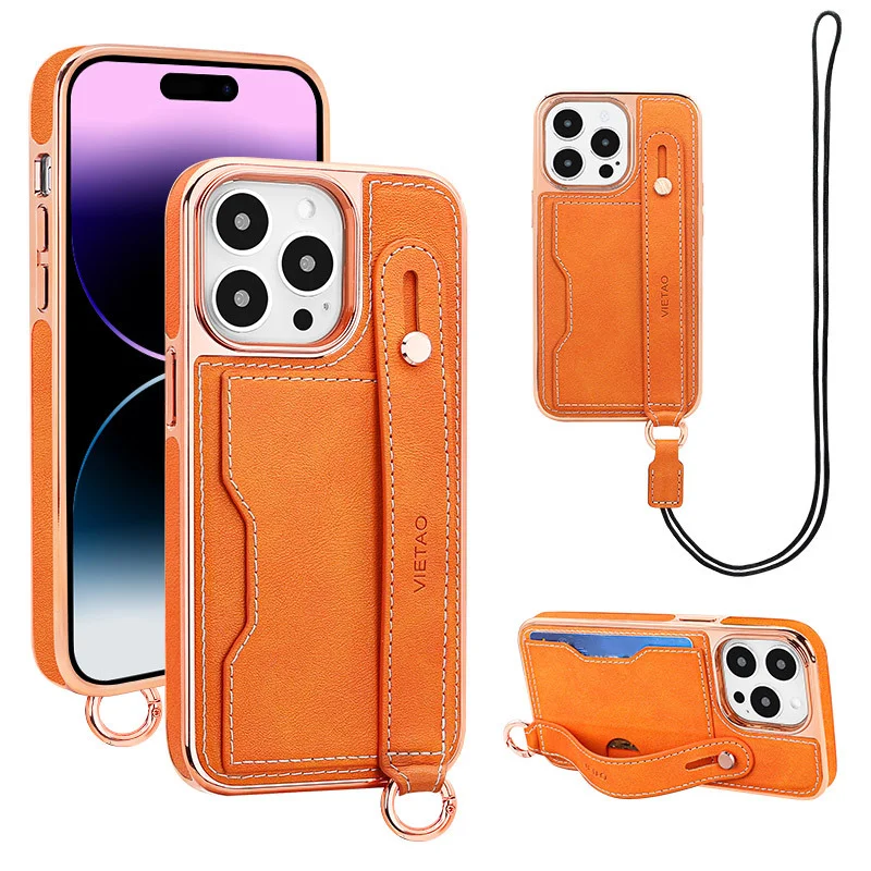 Luxury Crossbody Electroplated Leather Phone Case With Cards Slot,Wristband,Kickstand,And Detachable Lanyard For IPhone 14/14 Pro/14 Pro Max/14 Plus/13/13 Pro/13 Pro Max