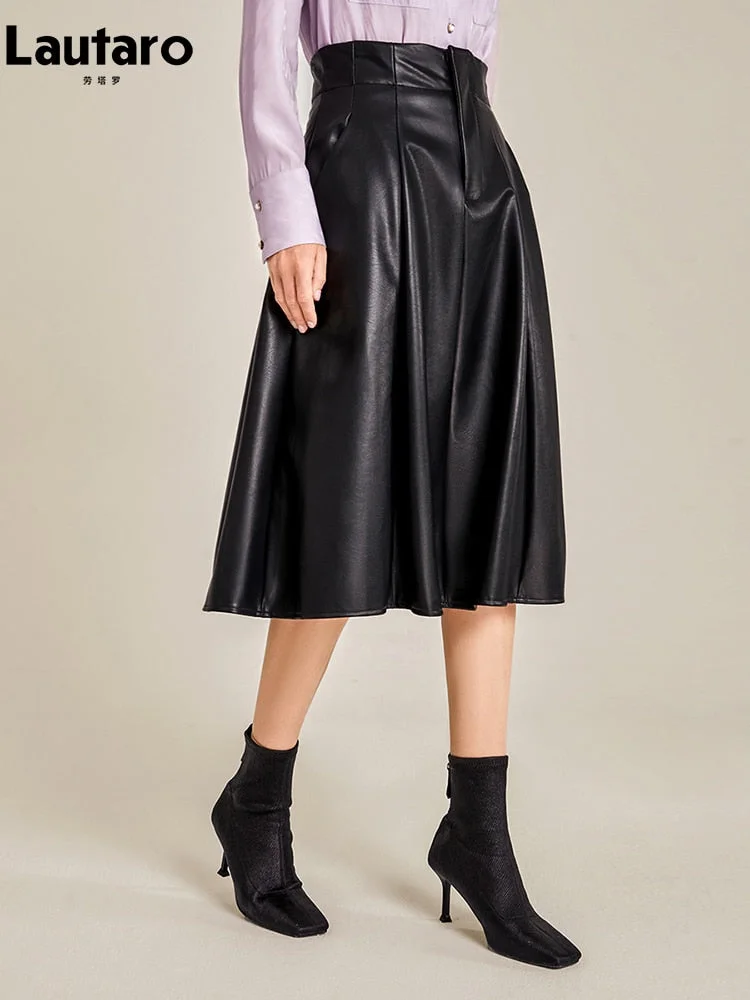 Huiketi Spring Autumn Black Chic Soft Pu Leather Knee Length Skirt Women High Waist A Line Elegant Luxury Designer Clothes 2023