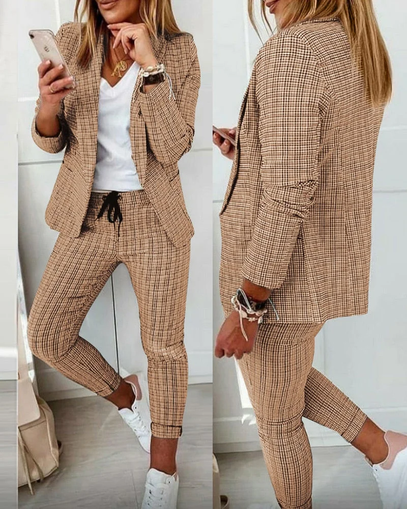 Autumn Women Plaid Print Blazer Coat & Drawstring Pants Sets 2023 Femme Pocket Design Jacket & Trousers Traf Office Lady Outfits