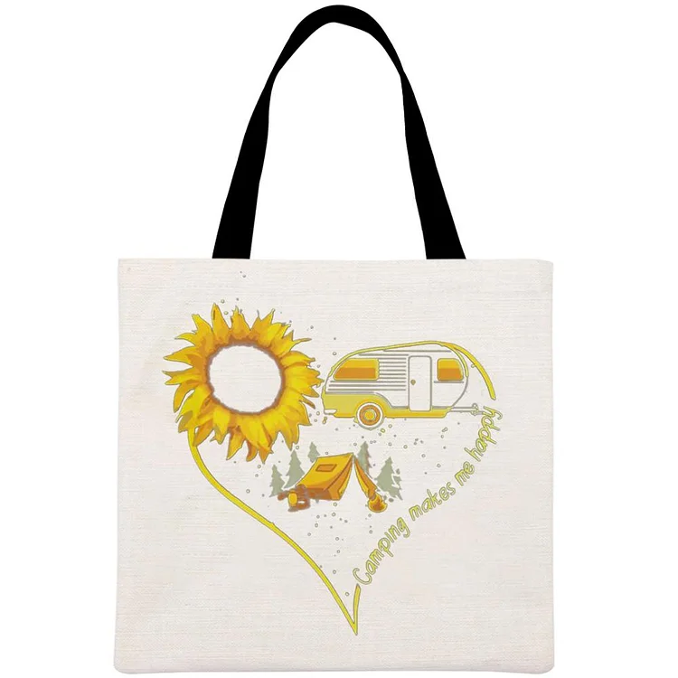 Camping Sunflower Makes Me Happy Printed Linen Bag-Annaletters