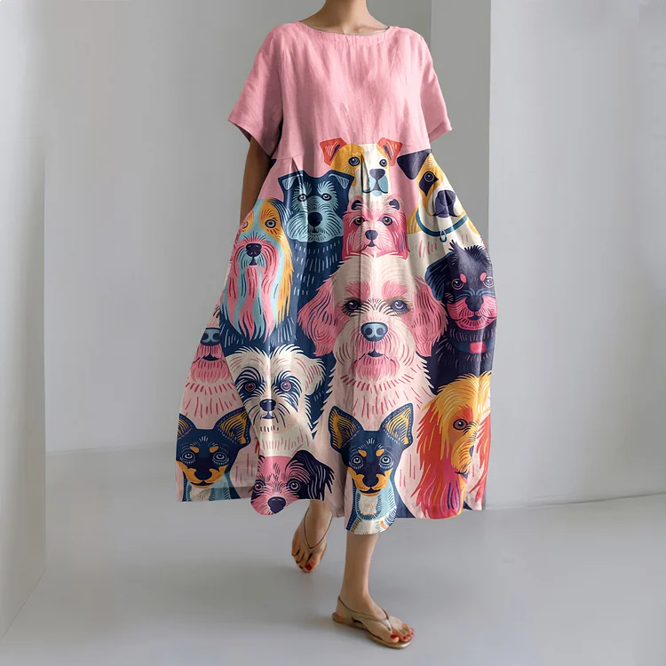 Cute Dog Print Crew Neck Short Sleeve Midi Dress