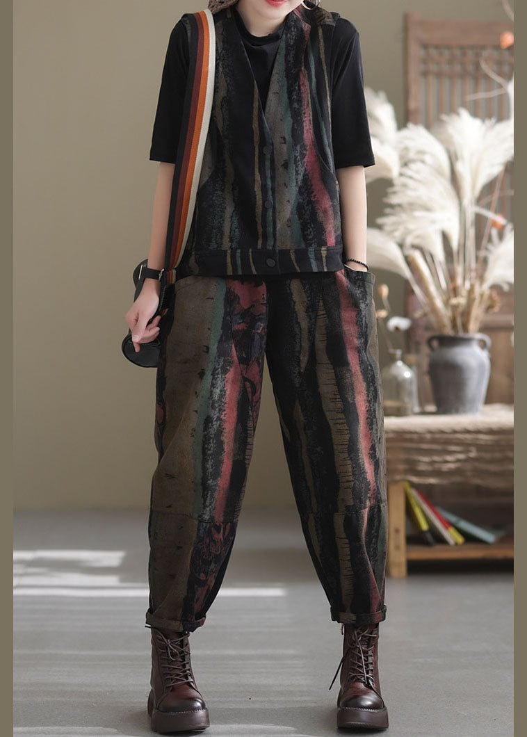Casual Black Print vest harem pants Two Pieces Set Spring CK739- Fabulory