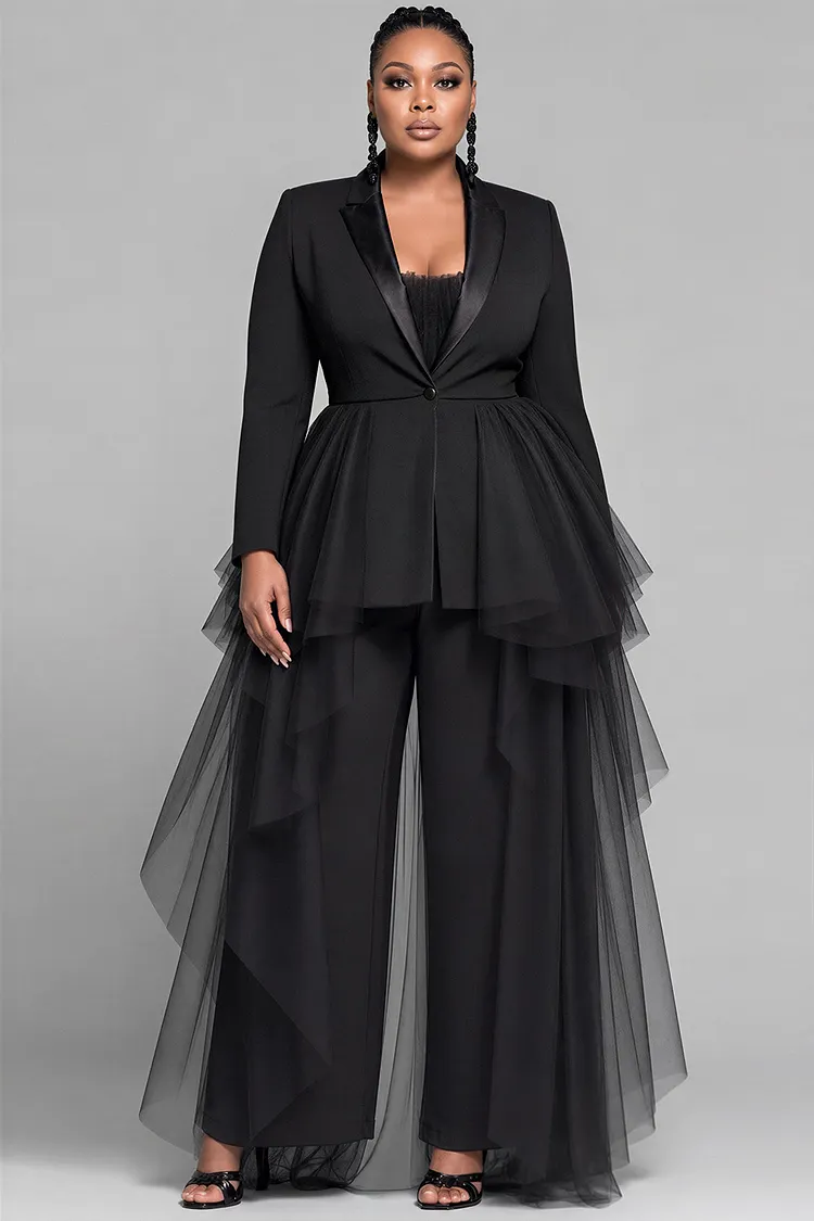 Xpluswear Design Plus Size Formal Black Lapel Collar Long Sleeve With&nbsp;Skirt&nbsp;Overlay Two Piece Pant Suits [Pre-Order] 2024 - Xpluswear