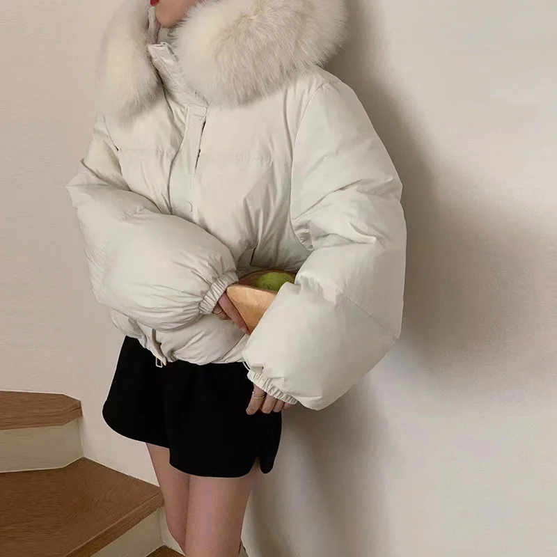Woherb Korean Version Sweet Down Jacket Female Short Money 2024 Winter New Style Add Thick Small Fox Fur Collar White Duck Down Coat Tide-Outfit Ideas