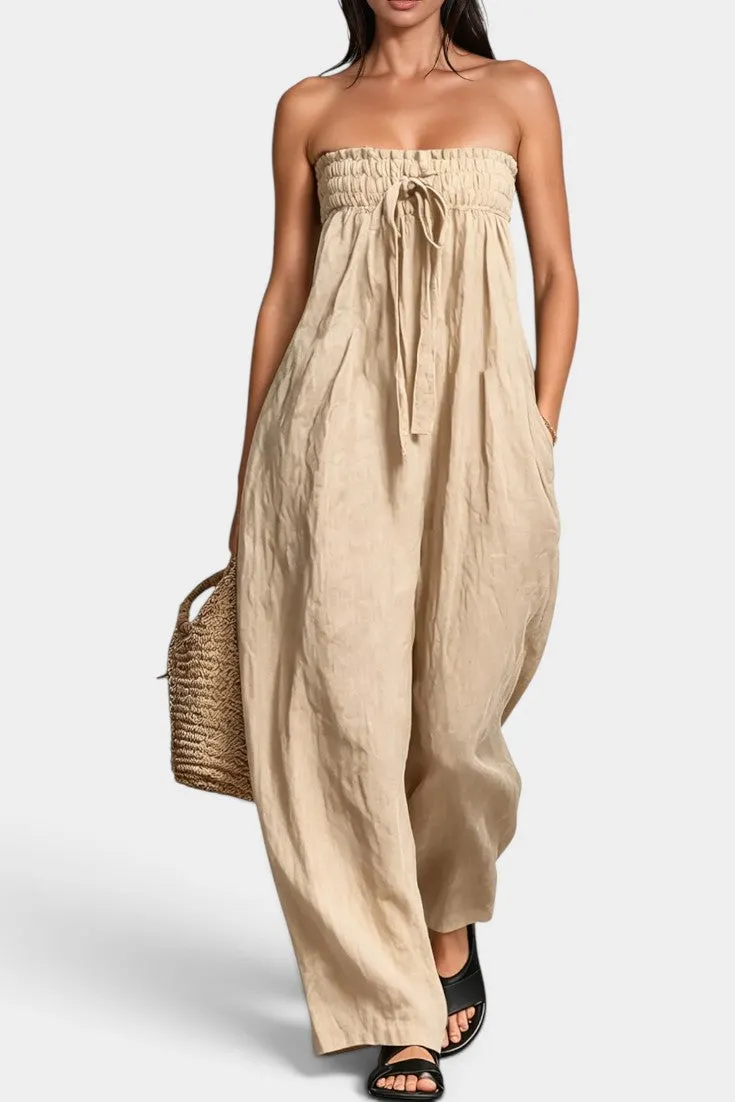Strapless Smocked Jumpsuit with Wide Leg