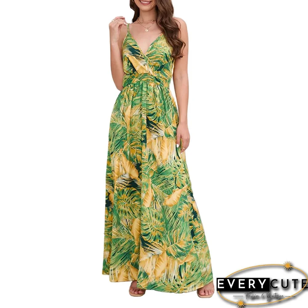 Light Green Bohemia Print V Neck Maxi Dress