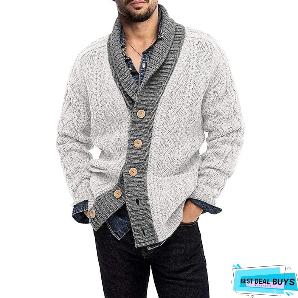 Men's Cardigan Color Blocking Long Sleeve Lapel Knit