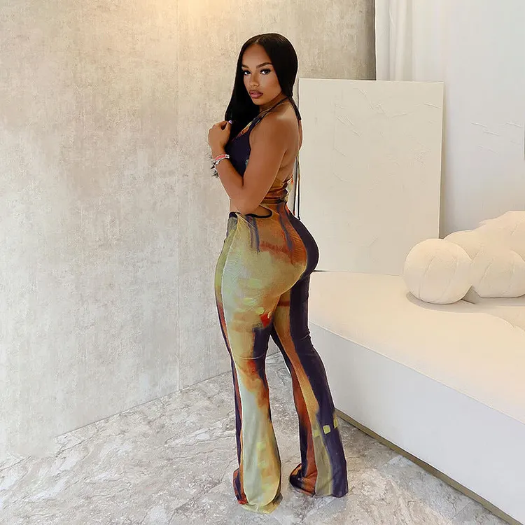 Fall Women Clothing Sexy Backless Mesh Contrast Color Lace Up Micro Pull Jumpsuit 