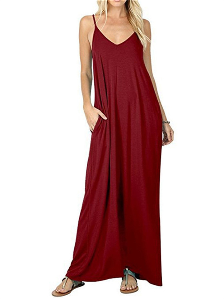 Women's Solid Color Loose Pocket V-Neck Long Dress Vest Dress Sexy Halter Long Dresses