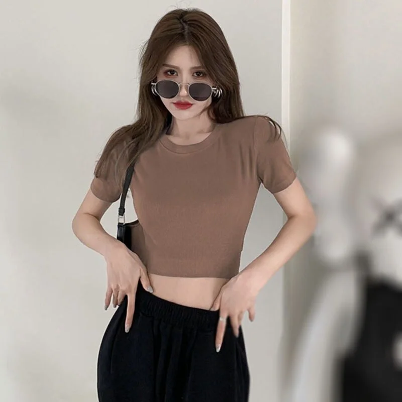 Women's T-Shirt Skinny Stretch T-Shirt Cropped Navel Bottoming round Neck