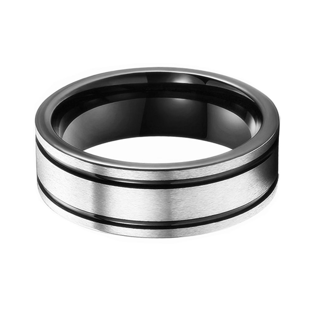 8MM Black Lines Grooved Tungsten Ring Brushed Finished For Men