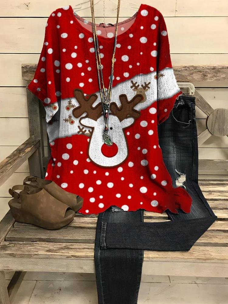 Red Christmas Theme Elk Printed Round Neck Short Sleeve T-Shirt