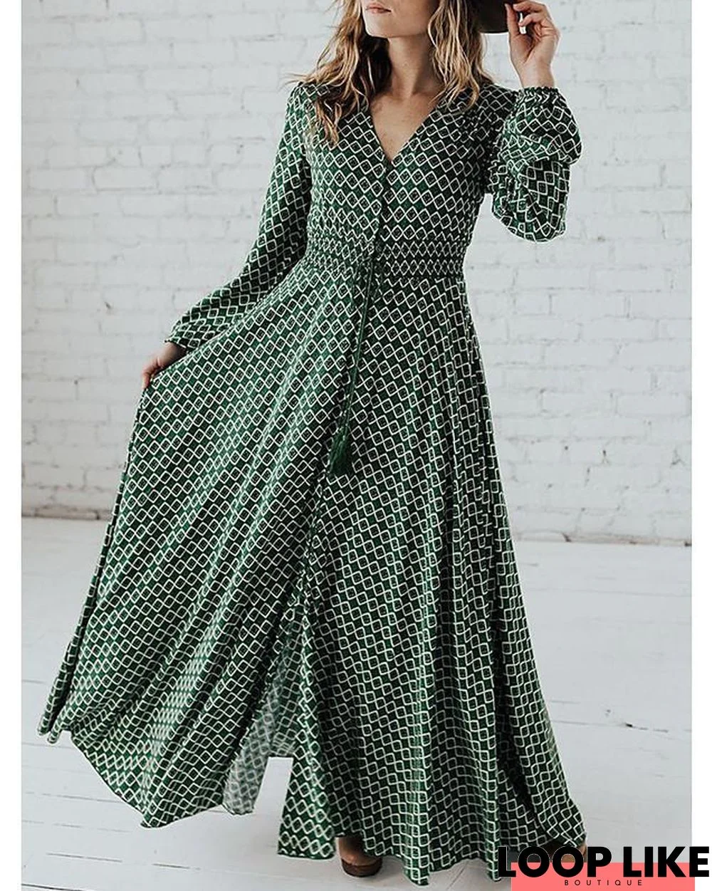 Women's Swing Dress Maxi Long Dress Long Sleeve Print Fall Elegant Casual Green