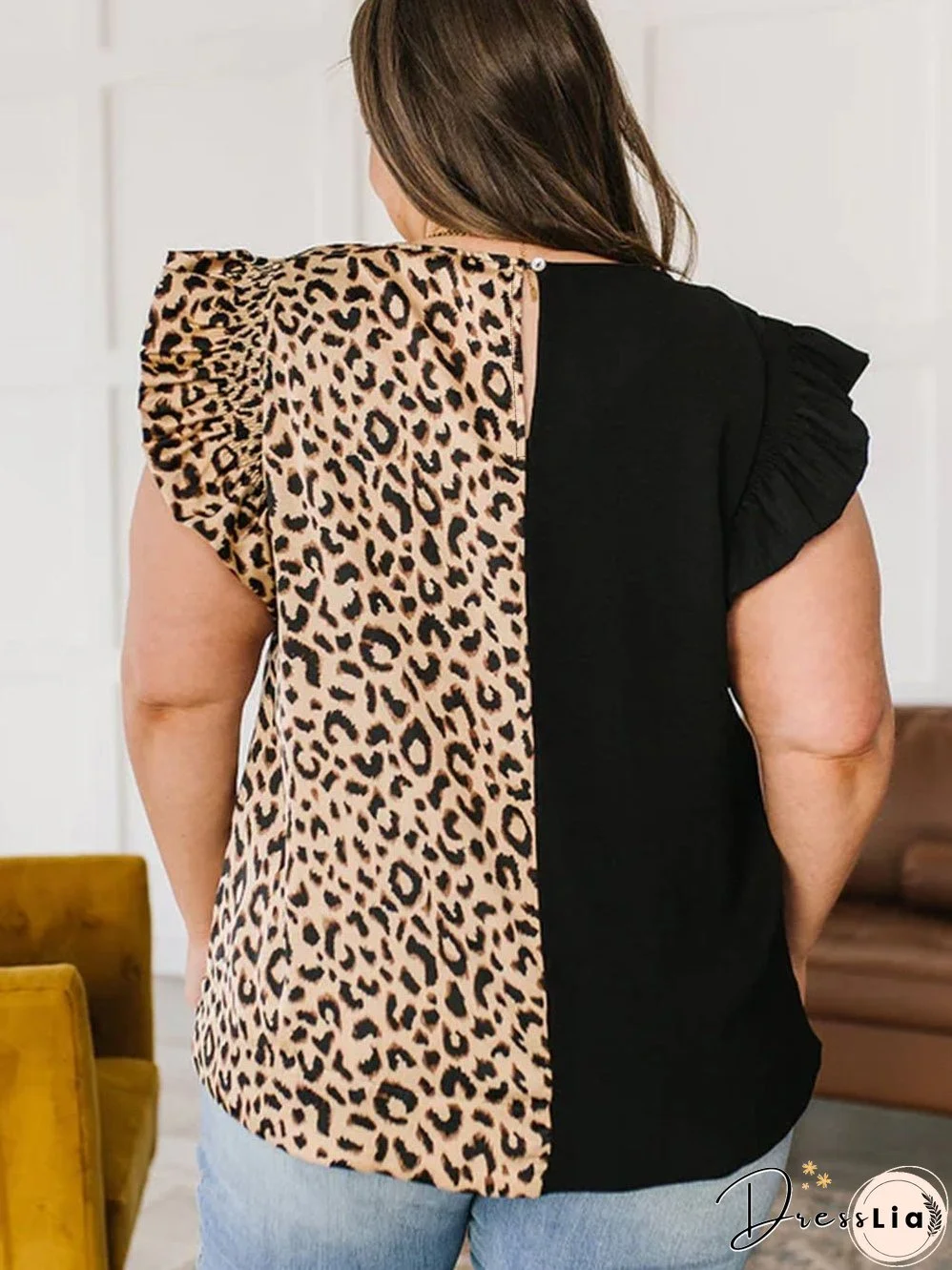 Elegant Black Leopard Ruffle Sleeve Plus Size Top