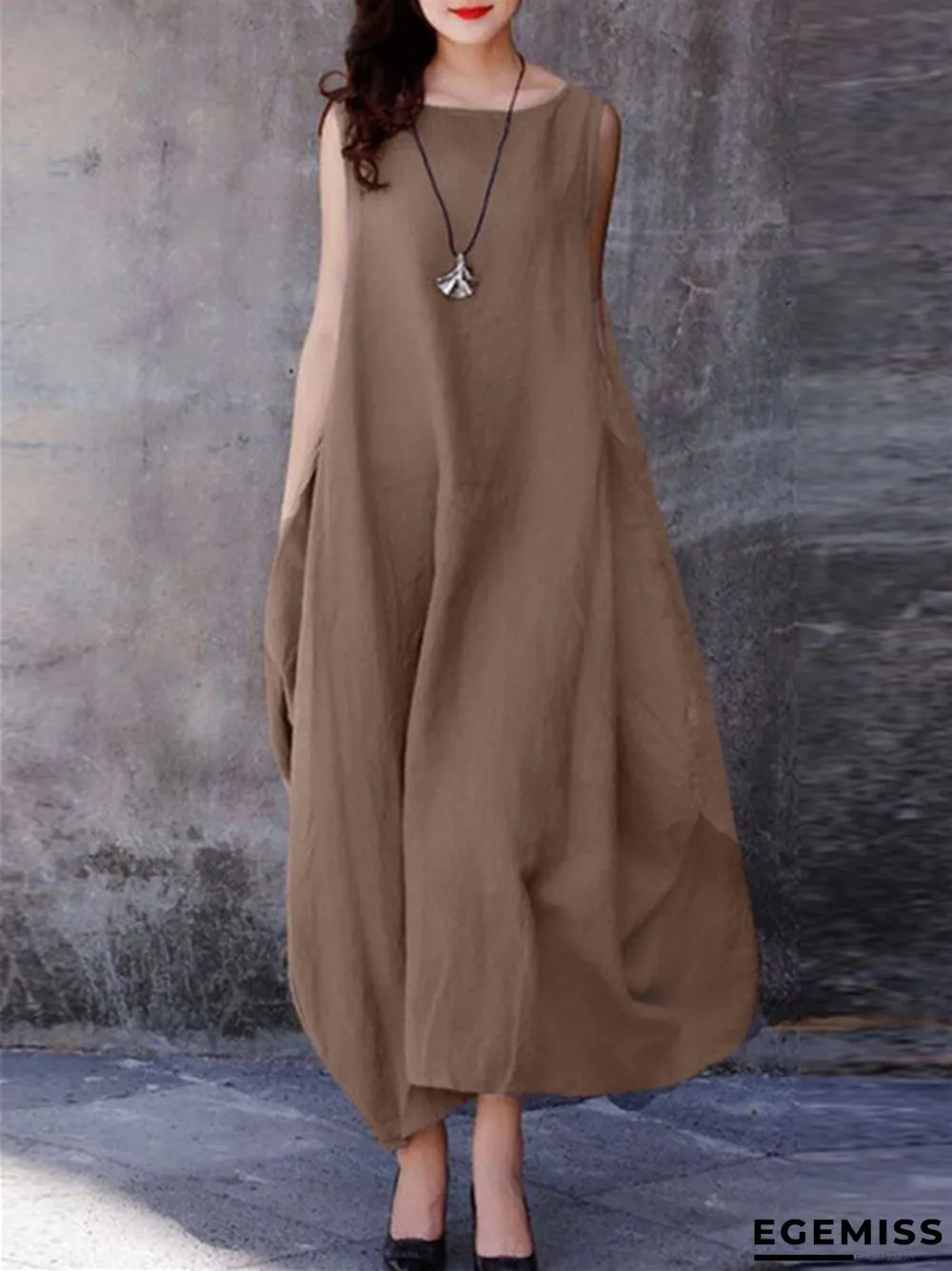 Cotton Linen Loose Large Swing Casual Solid Color Round Neck Pocket Dress | EGEMISS