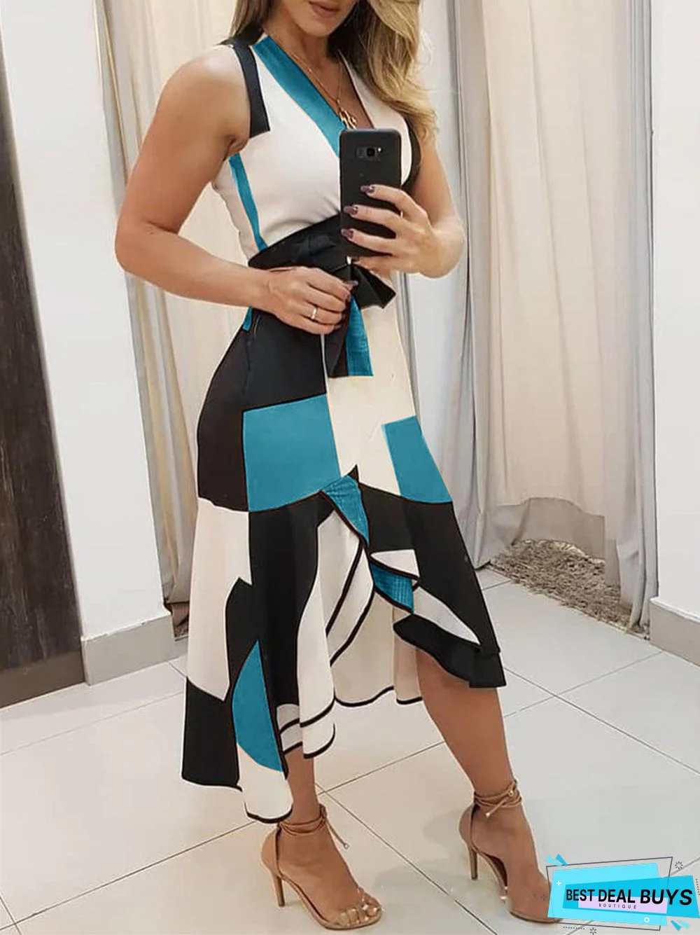 V-neck Sleeveless Printed Ladies Dress Full Skirt