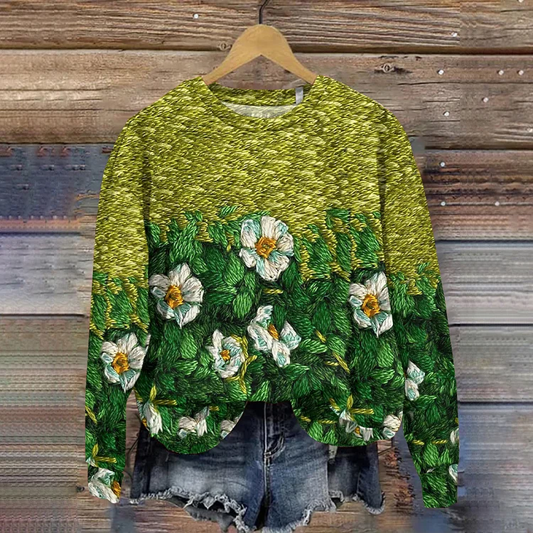 Wearshes Floral Art Print Crew Neck Casual Sweatshirt