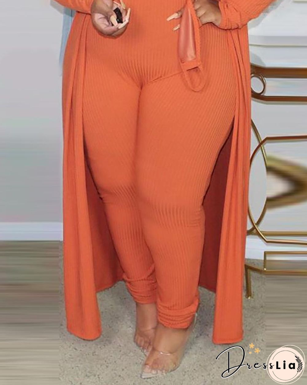 Plus Size Ribbed Plain Crop Top & Pants Set With Coat & Mask