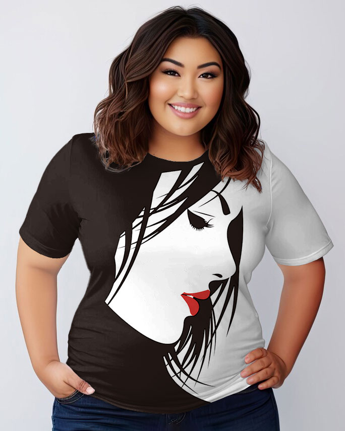 Women's Plus Size Girl Illustration Art Round Neck Short Sleeve T-Shirt