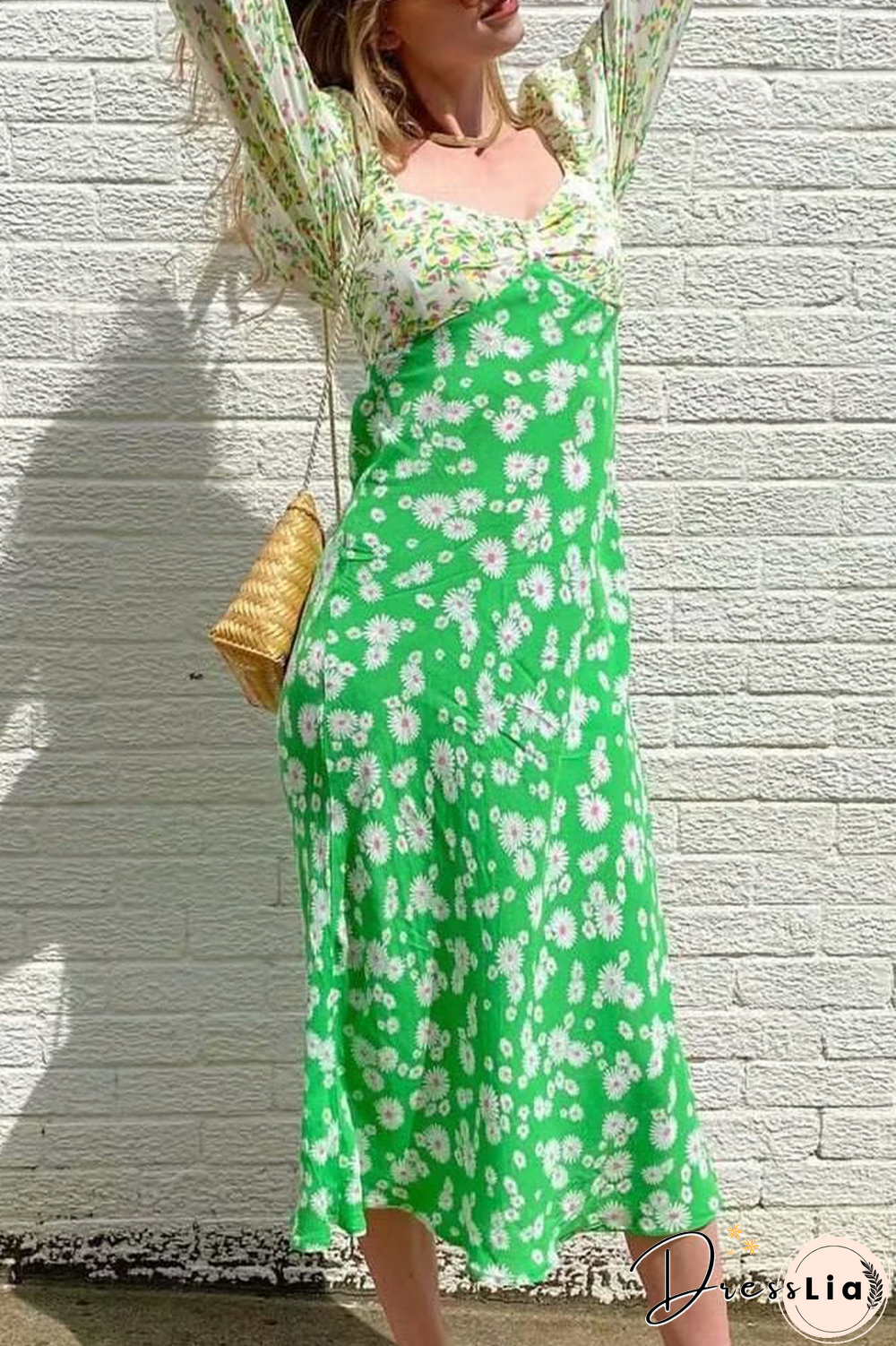 Vintage Elegant Floral Split Joint  Contrast V Neck Dresses