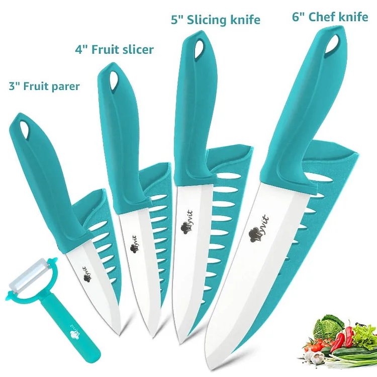 MYVIT Ceramic Knife Set, Complete Knife Set for Kitchen, Rust-Proof White Zirconia Blade with Sheath 3", 4", 5", 6"