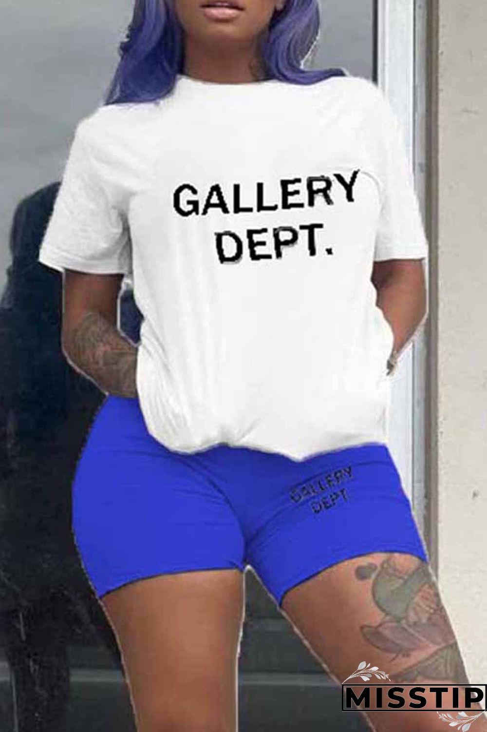 Blue Casual Print Letter O Neck Short Sleeve Two Pieces