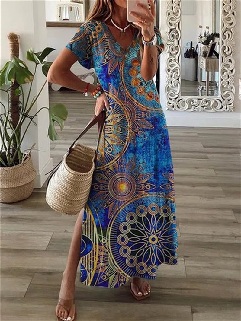 Women Short Sleeve V-neck Graphic Maxi Dress