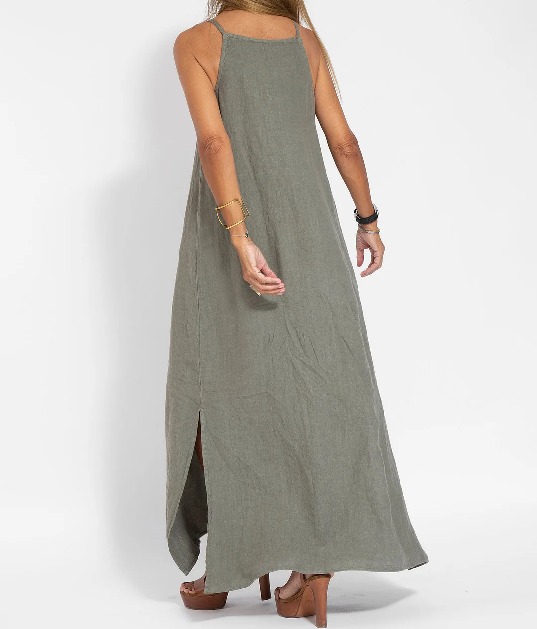 Elegant Solid Color Cotton Linen Sleeveless Long Dress
