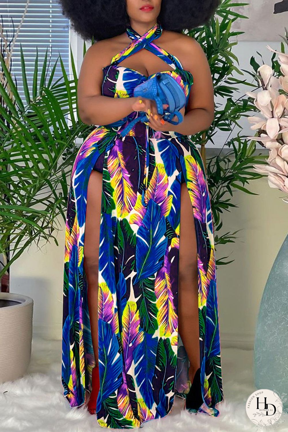 Yellow Fashion Sexy Plus Size Print Backless Slit Halter Sleeveless Dress