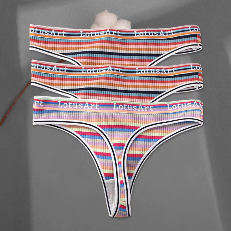 FINETOO 3Pcs/set Women Rainbow Thongs M-XL Cotton Panties Comfortable Striped T-Back Underwear Ladies Soft G-string Lingerie New