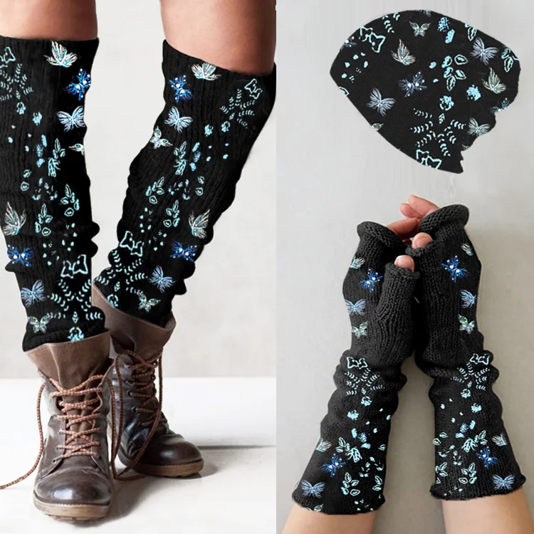 （Ship within 24 hours）Vintage butterfly print knitted hat +leg warmers + fingerless gloves set