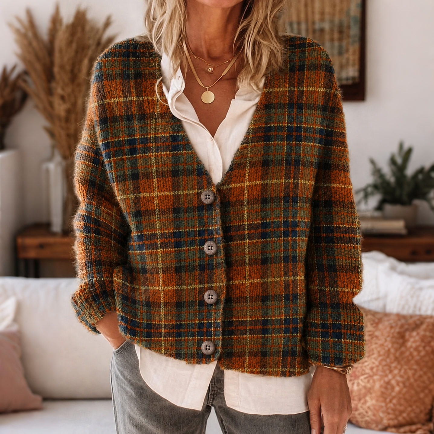 Comstylish Women's Retro Fall Plaid Pattern Art Casual Knit Cardigan
