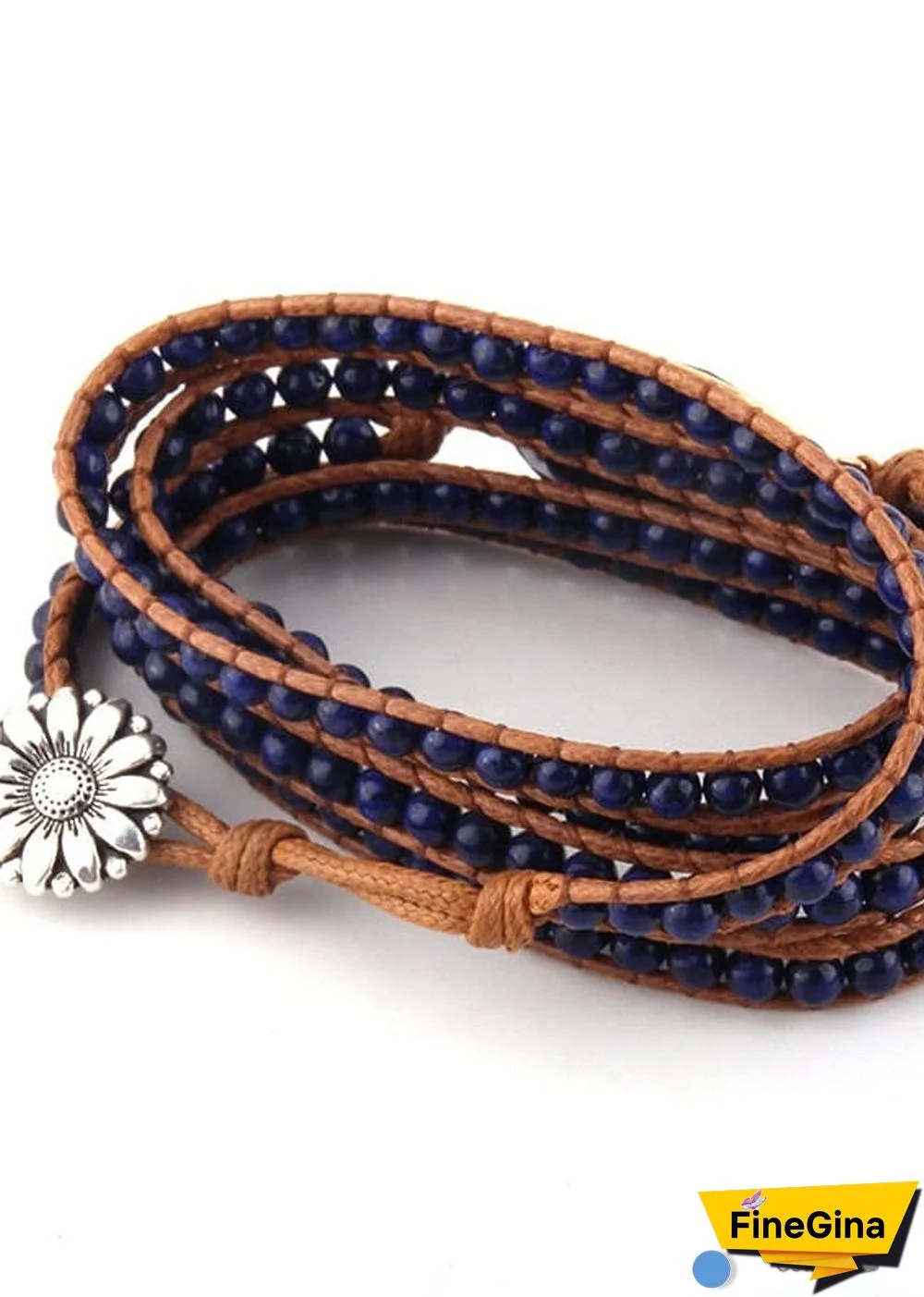 Boho Bracelet, RH 5 Layers Leather Wrap Bracelet, Natural Stones, Navy Lapis