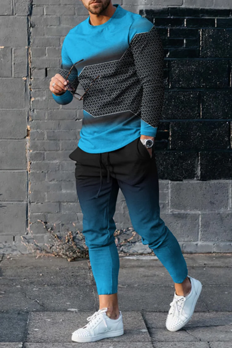 Men's Color Blocking Long Sleeve T-Shirt And Pants Two-Piece Set