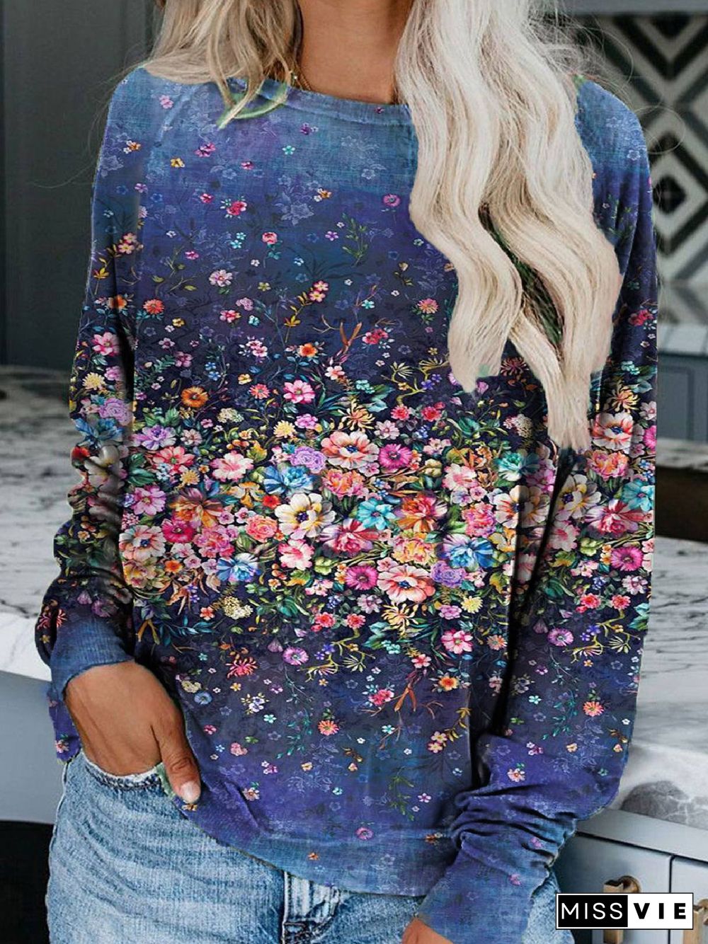 Floral Long Sleeve Floral-Print Casual Sweatshirts