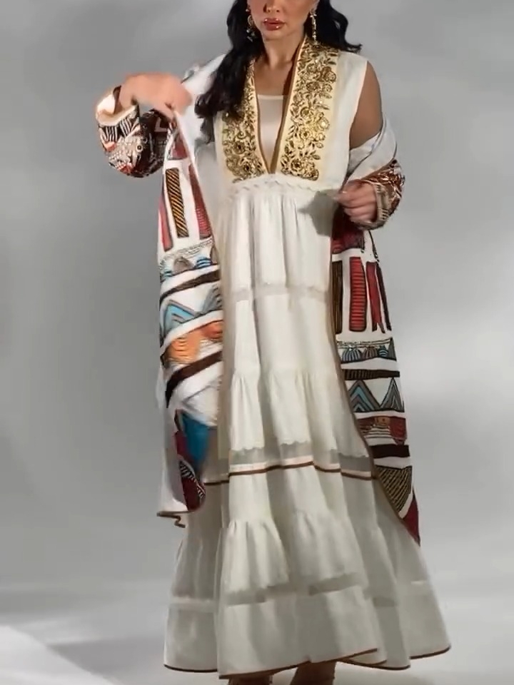 Elegant Patterned Jacket and Pleated Dress Set with Casual Layering | Oxredo Shop Ramadan Sale