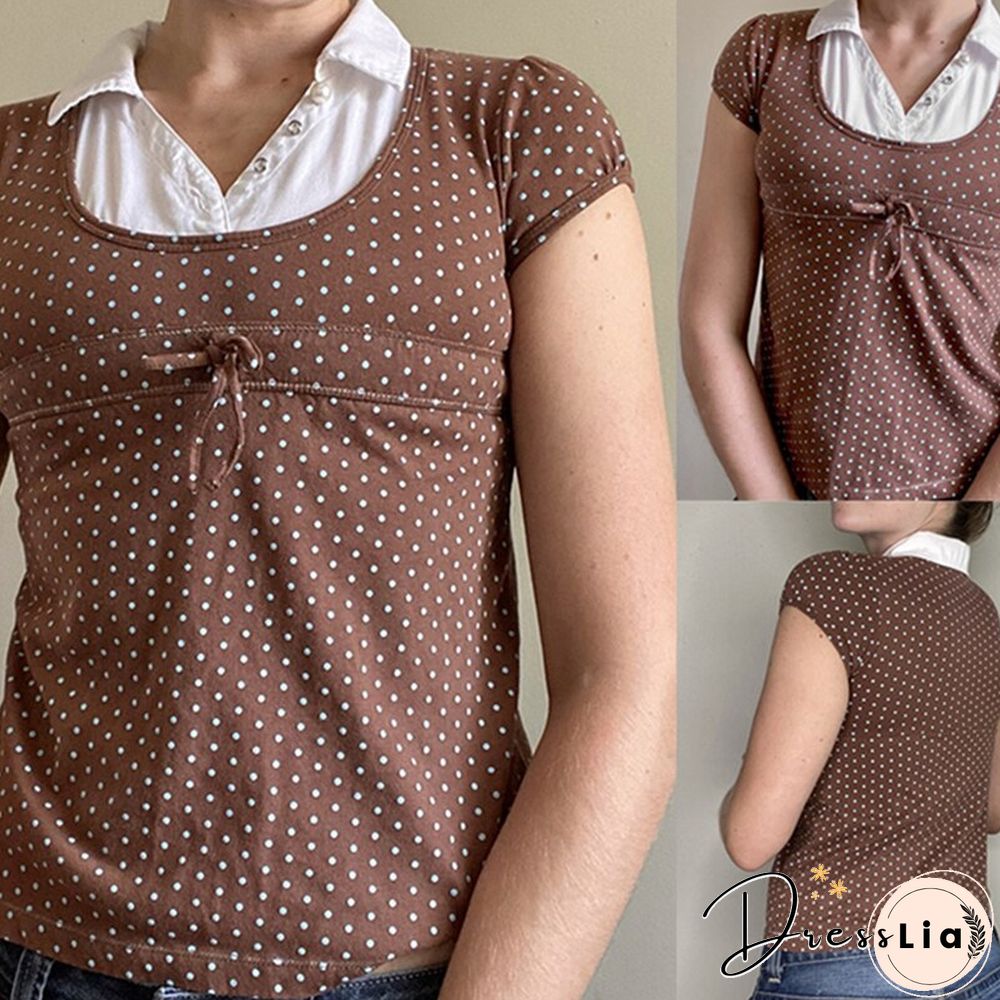 Y2k Polka Dot T Shirt Vintage Women Lapel Neck Short Sleeve Tie Up Tee Top Fairy Grunge Clothes E Girl Streetwear