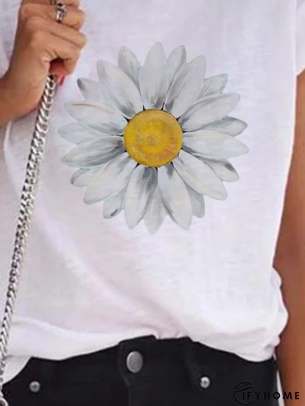 White Round Neck Printed Casual Tops | IFYHOME