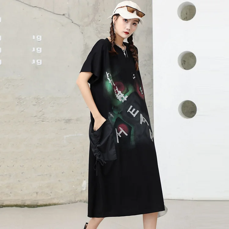 Street Loose O-neck Letter Printed Patchwork Drawstring Pockets Short Sleeve Dress   