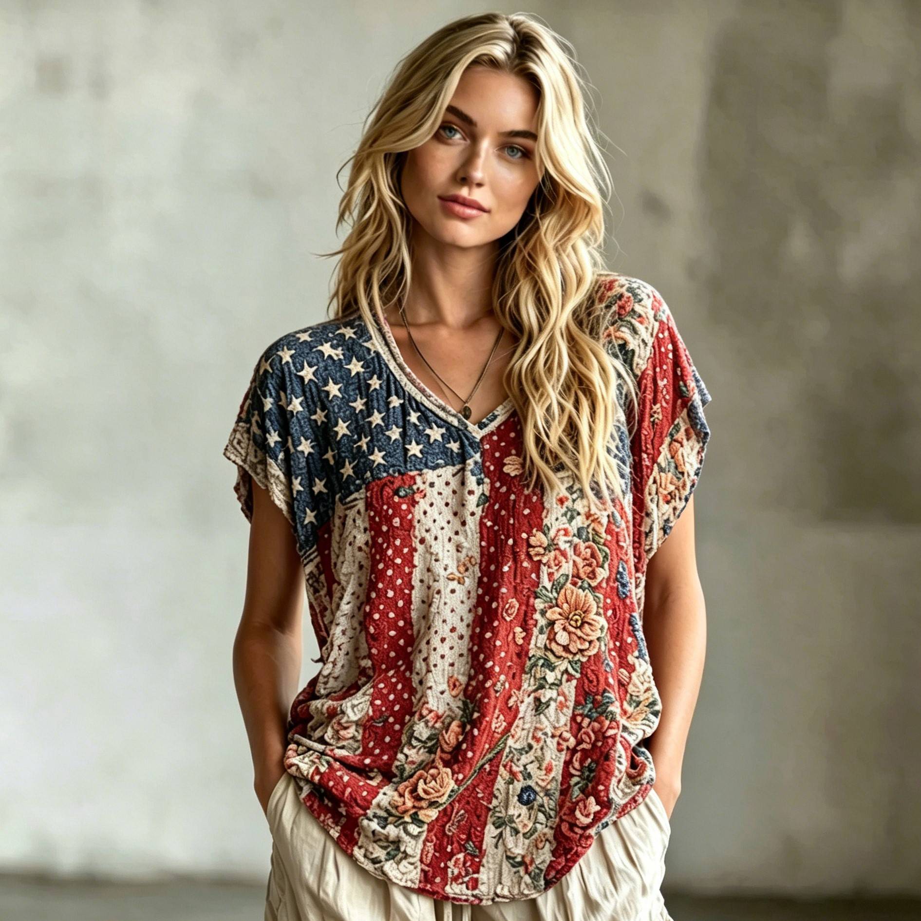  Women's Retro American Flag Floral Patchwork Art Comfortable Cotton Linen T-shirt Westsshops