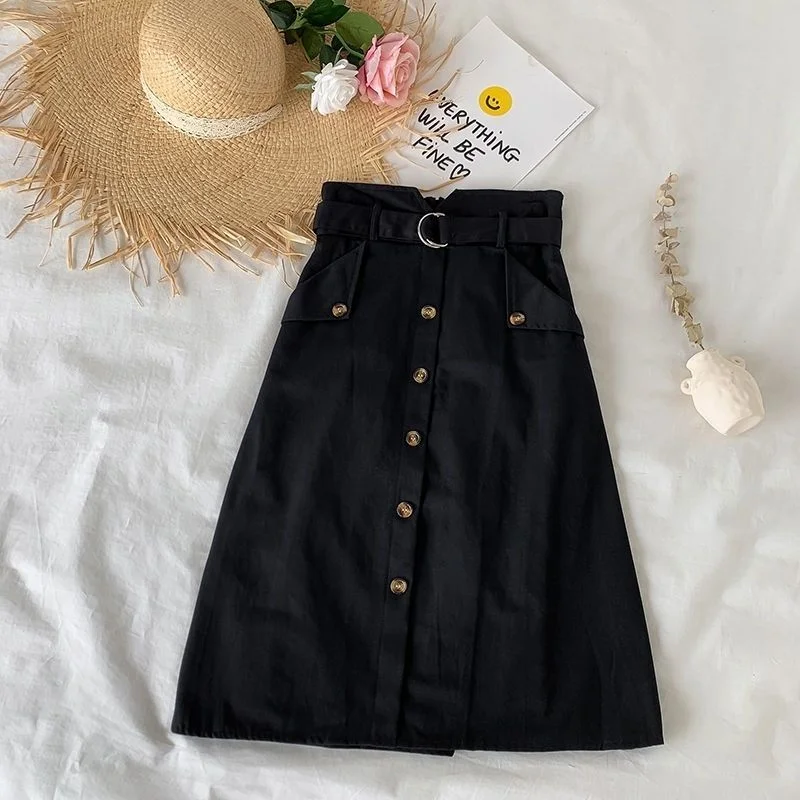 Summer Autumn Skirts Womens Midi Knee Length Korean Elegant Button High Waist Skirt Female Pleated School Skirt