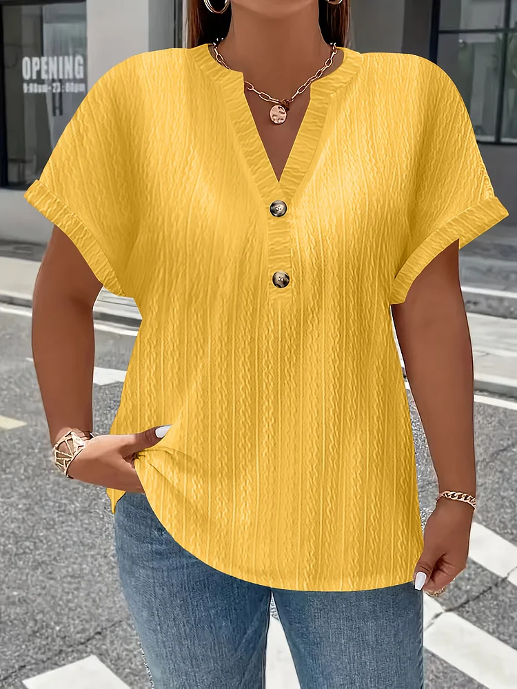 Women's Casual V-Neck Button T-Shirt, Solid Color Polyester Knit Fabric Top With Slight Stretch, Spring/Summer/Fall Short Sleeve Tee, 95% Polyester 5% Spandex, 240g/M² - Elegant And Comfortable