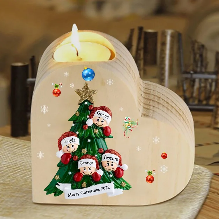 Navidad - Candelero de corazón de madera árbol de familia personalizado con 4 nombres y 1 texto sin vela