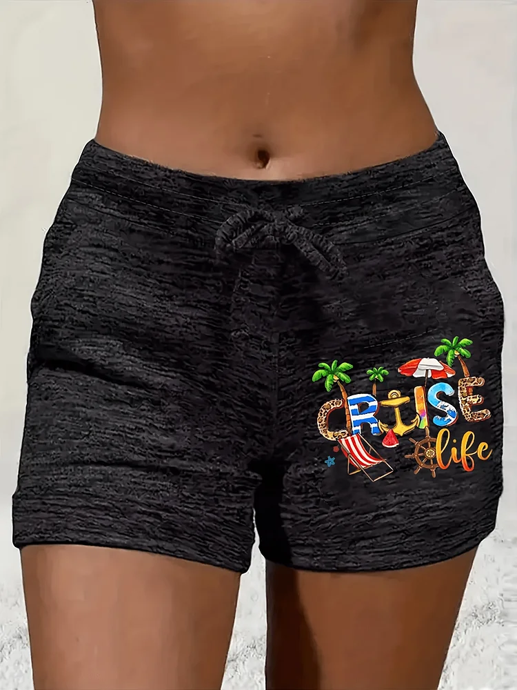 Letter Print Drawstring Waist Shorts, Casual Shorts For Spring And Summer, Women's Clothing
