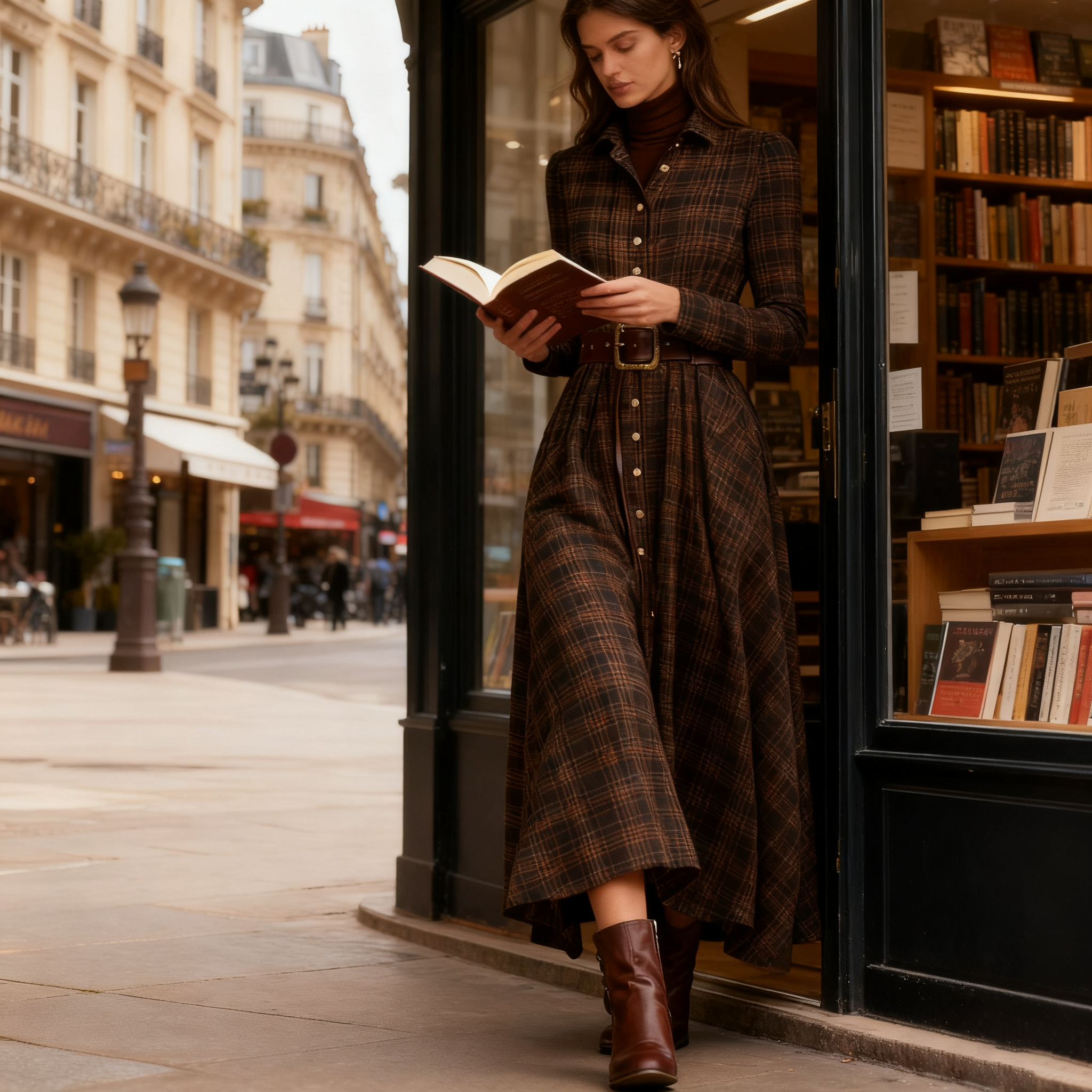 Vintage Plaid Inspired Autumn Winter Long Sleeve Button-up Shirt Maxi Dress elevenforest