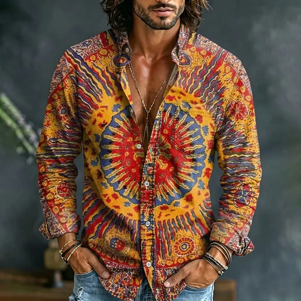 Comstylish Men's Hippie Art Abstract Pattern All Over Print Long Sleeve Shirt